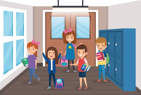 Niños y niñas estudiantes con taquillas y puerta del aula — Vector de stock