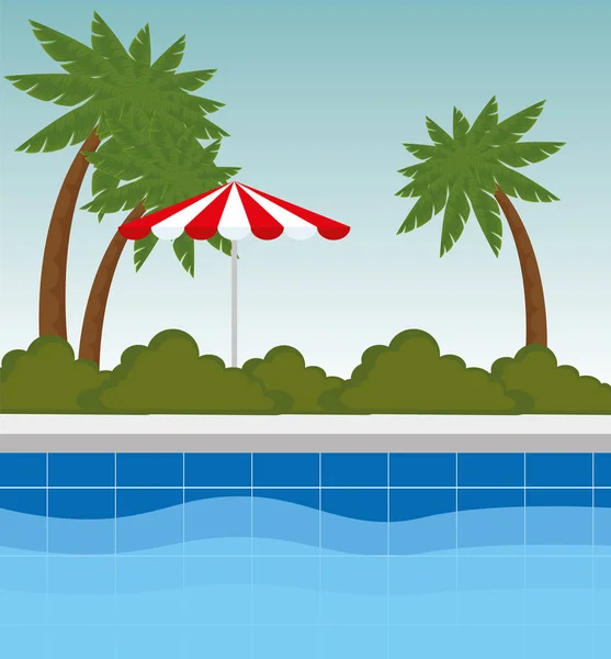 Piscina con palme e cespugli piante con ombrellone — Vettoriale Stock