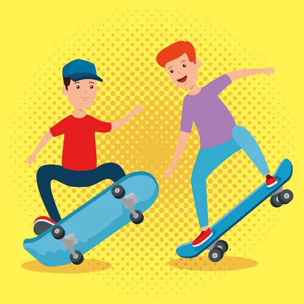 Meninos felizes crianças jogando skate — Vetor de Stock