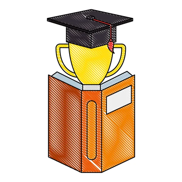 Text book with trophy and hat graduation — Stock Vector