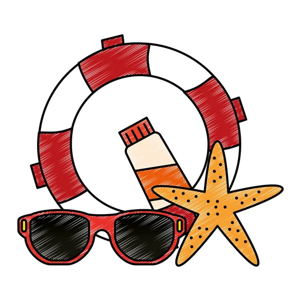 Float lifeguard with sunglasses and starfish — Stock Vector