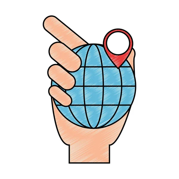 Hand lifting sphere planet with pin location — Stock Vector