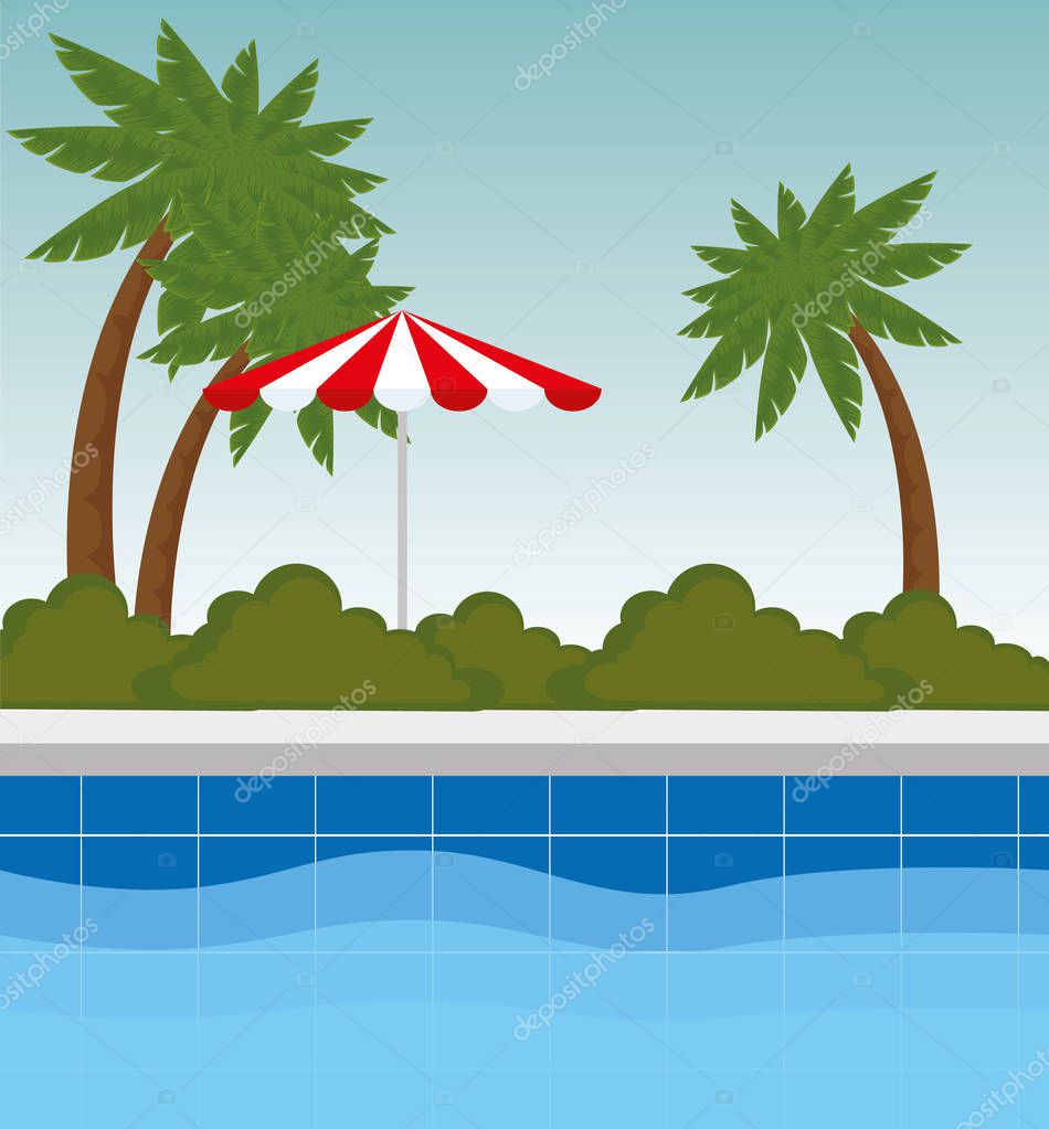 pool with palms trees and bushes plants with umbrella