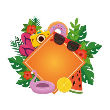 yapraklar bitkiler ve set simgeleri ile yaz çerçevesi