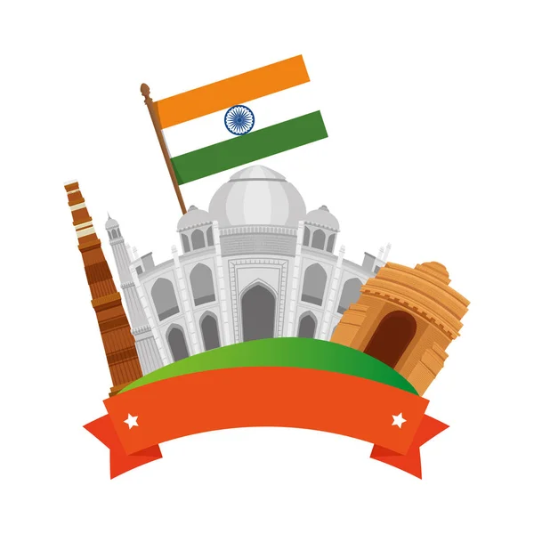印度建筑纪念碑与旗帜 — 图库矢量图片