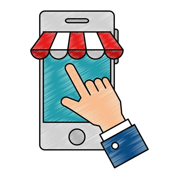 Mão usando smartphone com ícone de guarda-sol —  Vetores de Stock
