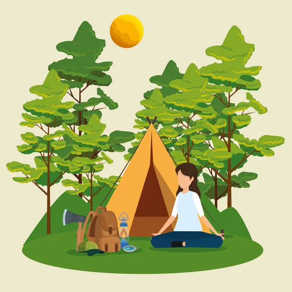Woman with camp and backpack with lamp in the nature trees — Stock Vector