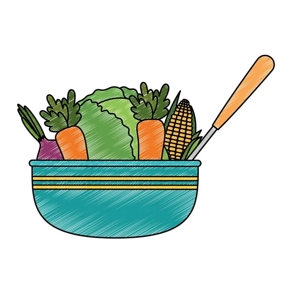 Λαχανικά στο μπολ της κουζίνας με κουτάλα — Διανυσματικό Αρχείο