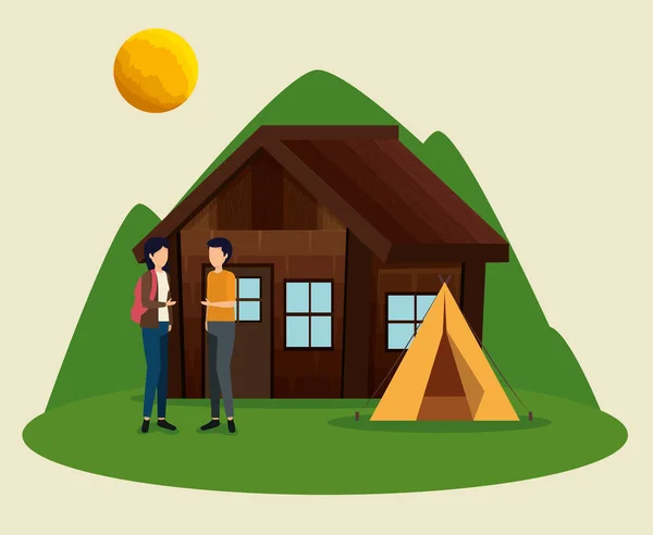 Frau und Mann mit Hütte und Lager in den Bergen — Stockvektor