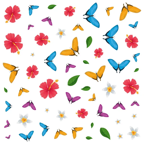 Grupo de hermosas mariposas volando y flores patrón — Vector de stock