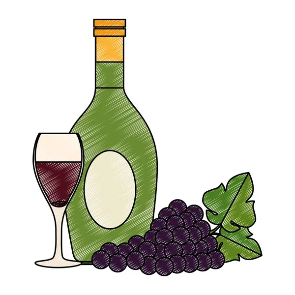 Garrafa de vinho com xícara e uvas —  Vetores de Stock