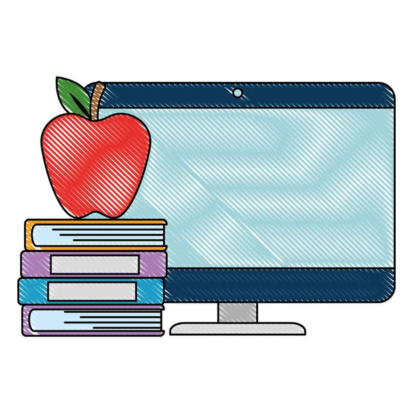 Apilar libros de texto con manzana y computadora — Vector de stock