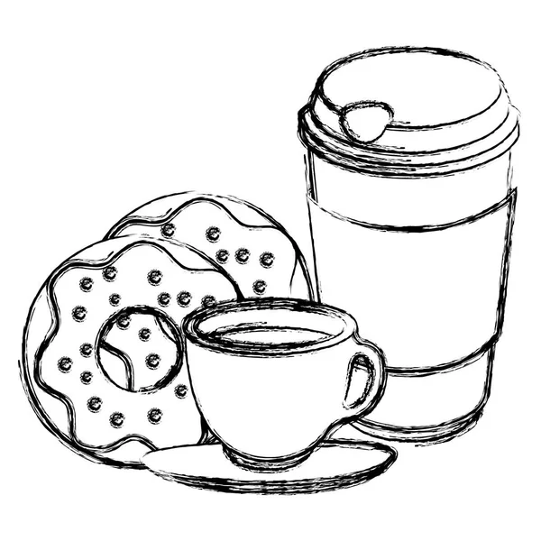 Taza de café y recipiente de plástico con rosquillas dulces — Archivo Imágenes Vectoriales