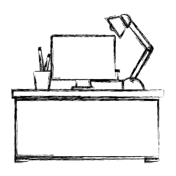 Escritório local de trabalho com mesa e desktop cena —  Vetores de Stock