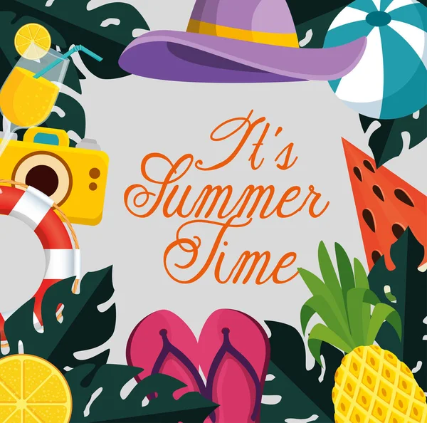 Affiche de l'heure d'été avec des fruits tropicaux et des feuilles de plantes — Image vectorielle