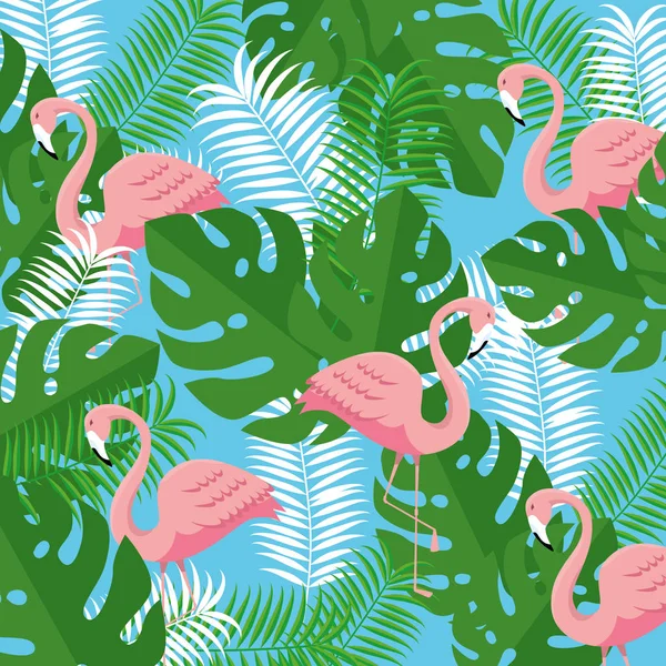 Tropikus flamingók fiókokkal levelek növények — Stock Vector