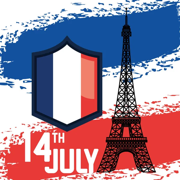 Bandera de Francia con torre eiffel a la celebración de la bastilla — Vector de stock