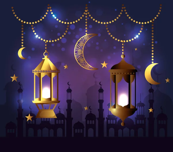 Lampes avec lunes pendaison décoration au festival — Image vectorielle