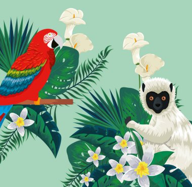 çiçek bitkiler ve yaprakları ile papağan ve lemur hayvanlar