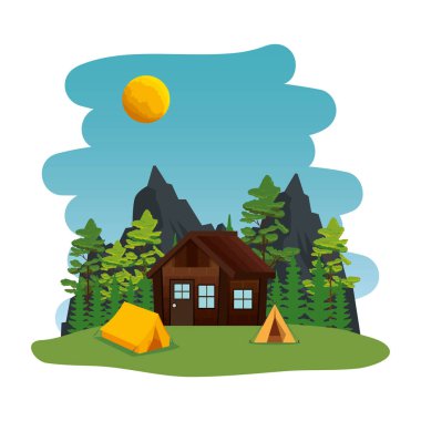 kamp çadırı ve kabin sahnesi ile kamp bölgesi