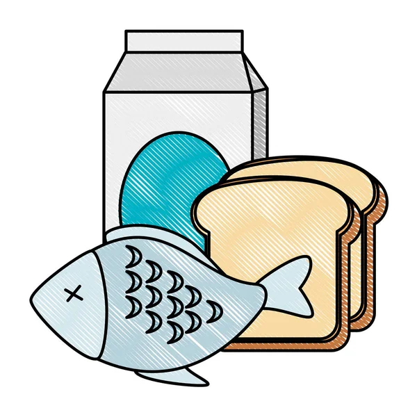 Вкусная рыба мясо с хлебом и молоком — стоковый вектор