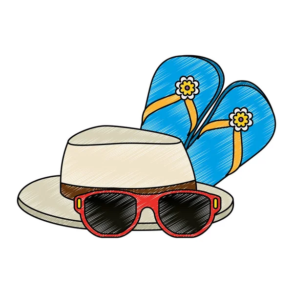 Tongs avec lunettes de soleil et chapeau — Image vectorielle