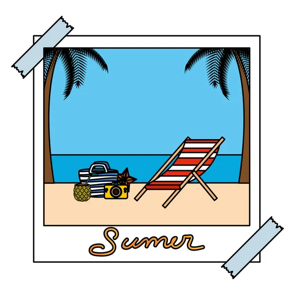 Foto istantanea con spiaggia estiva e sedie set icone — Vettoriale Stock