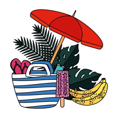 şemsiye ve set simgeleri ile yaz yapraklı bitkiler