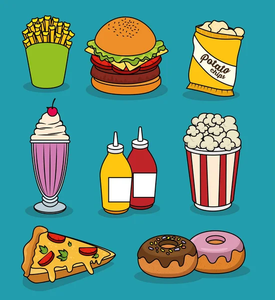 Set renkli karikatür fast food — Stok Vektör