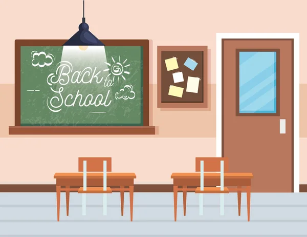 Blackboard with note board and desks in the classroom education — Stock Vector