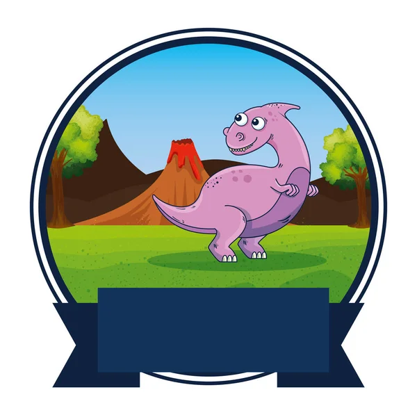 Cute dinosaur in the field frame — Stock Vector