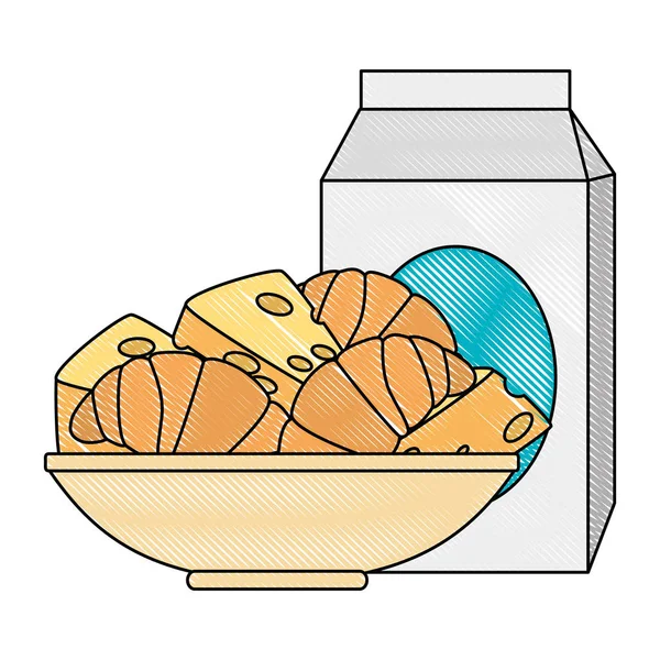Смачний хлібний круасан у тарілці та молочній коробці — стоковий вектор