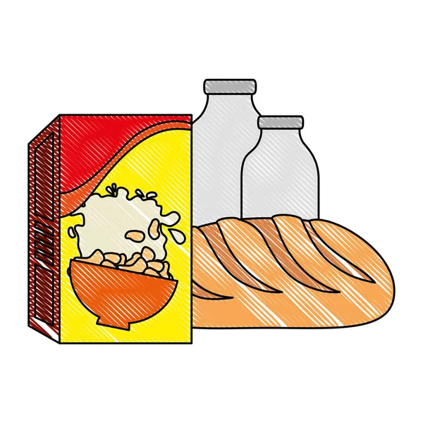 Коробка хлопьев с хлебом и молочной бутылкой — стоковый вектор