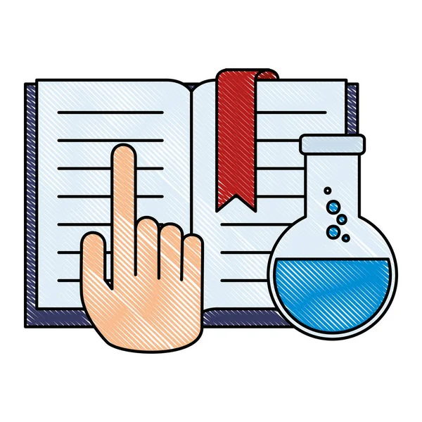 Libro de texto con prueba de mano y tubo — Vector de stock