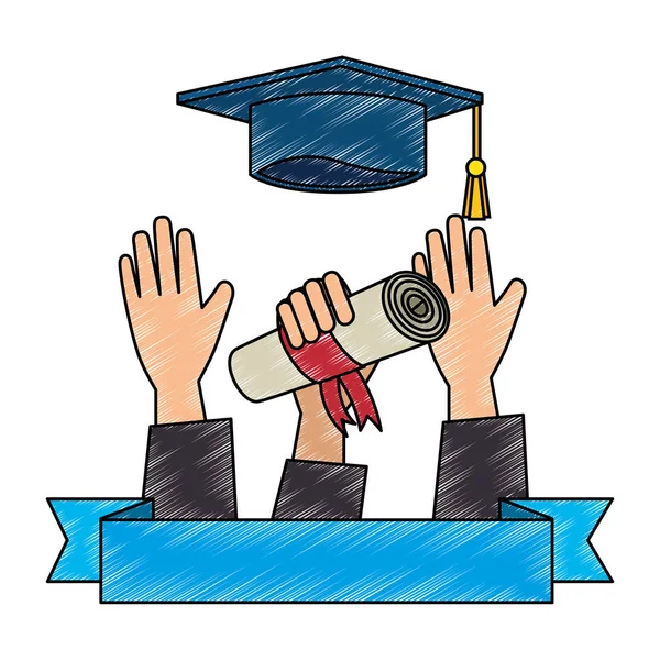 Throwing hand with graduation diploma and hat — Stock Vector