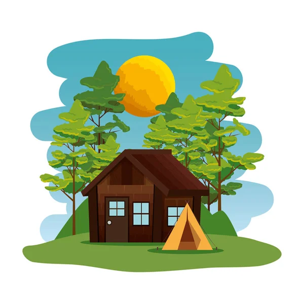 露营区与露营帐篷和小屋场景 — 图库矢量图片
