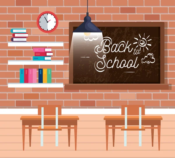 Quadro negro com mesas e livros com relógio em sala de aula — Vetor de Stock