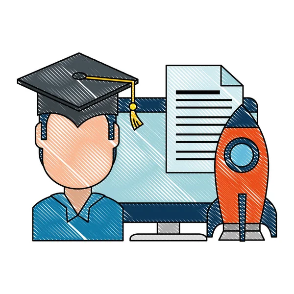 Student graduated with computer and rocket — Stock Vector