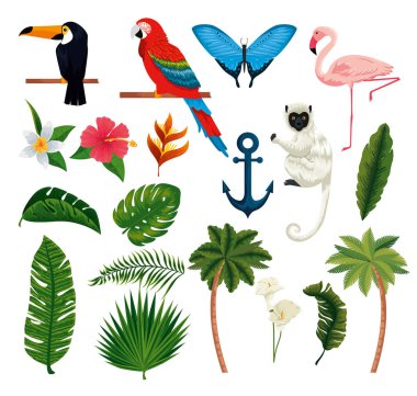 set exotic animals with tropical leaves and palms clipart