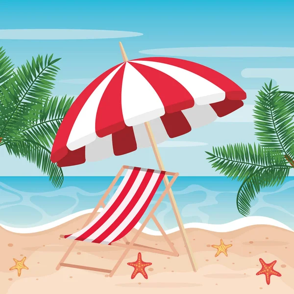 带晒黑椅和棕榈树的伞在海滩上 — 图库矢量图片