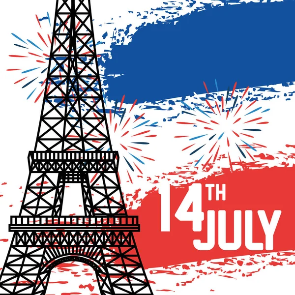 Torre eiffel con fuegos artificiales y bandera de Francia — Vector de stock