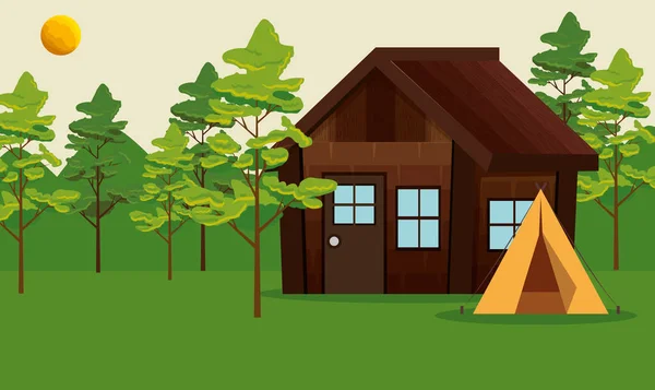 Nature trees landscape with cabin and camp — Stock Vector