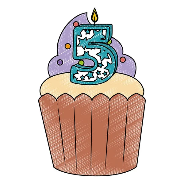 Dulce cupcake con vela número cinco — Vector de stock