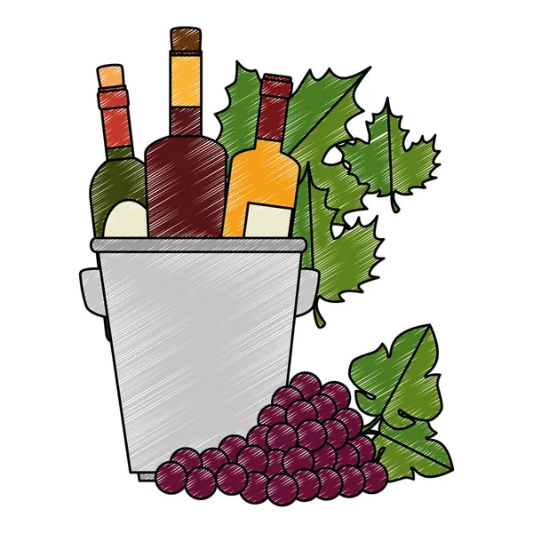 Garrafas de vinho em balde com folhas e uvas — Vetor de Stock