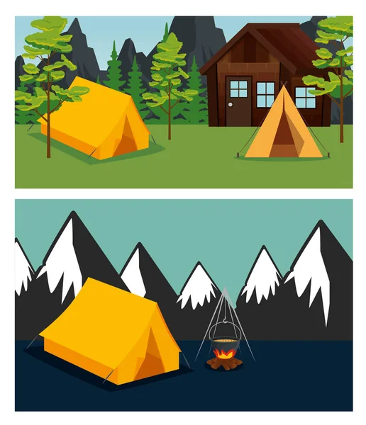 Set of cabin and camp with trees and mountains — Stock Vector