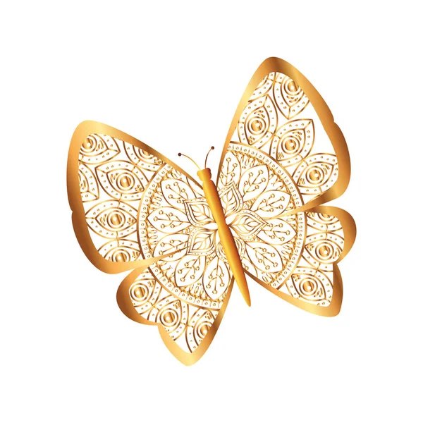 만다라 패턴으로 날아다니는 황금 나비 — 스톡 벡터