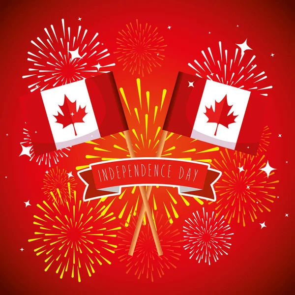 Banderas de Canadá con hoja y cinta con fuegos artificiales — Archivo Imágenes Vectoriales