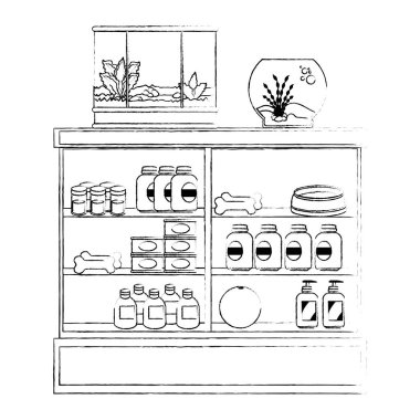 akvaryumlar ve ürünler ile veteriner mağaza rafları