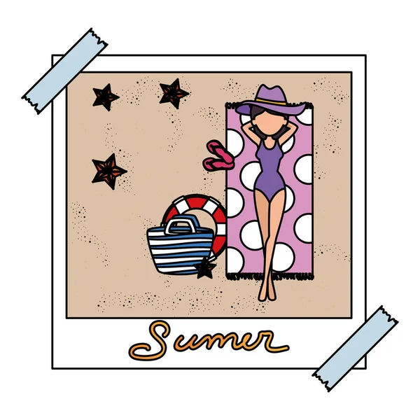 Photo snapshot with woman in summer beach and bag — Stock Vector