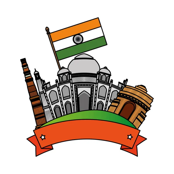 Bâtiments indiens monuments avec drapeaux — Image vectorielle